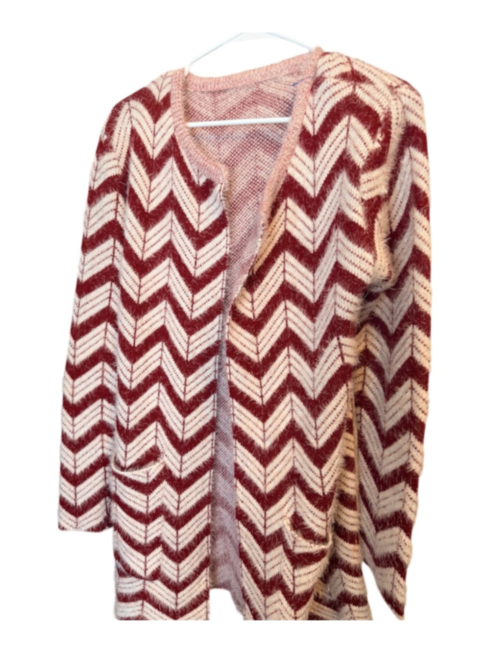 Open-Front Chevron Cardigan Sweater - Burgundy and Cream